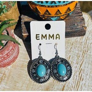 Turquoise Colored Stone Dangle Earrings Silver Tone Western Style Boho